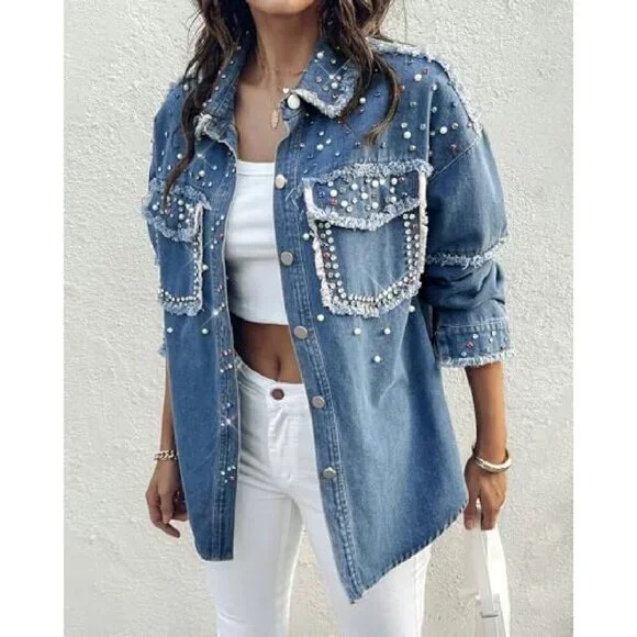 Oversized Denim Jacket with Sequin Pockets, Long Sleeve Casual Shacket - Picture 3 of 8